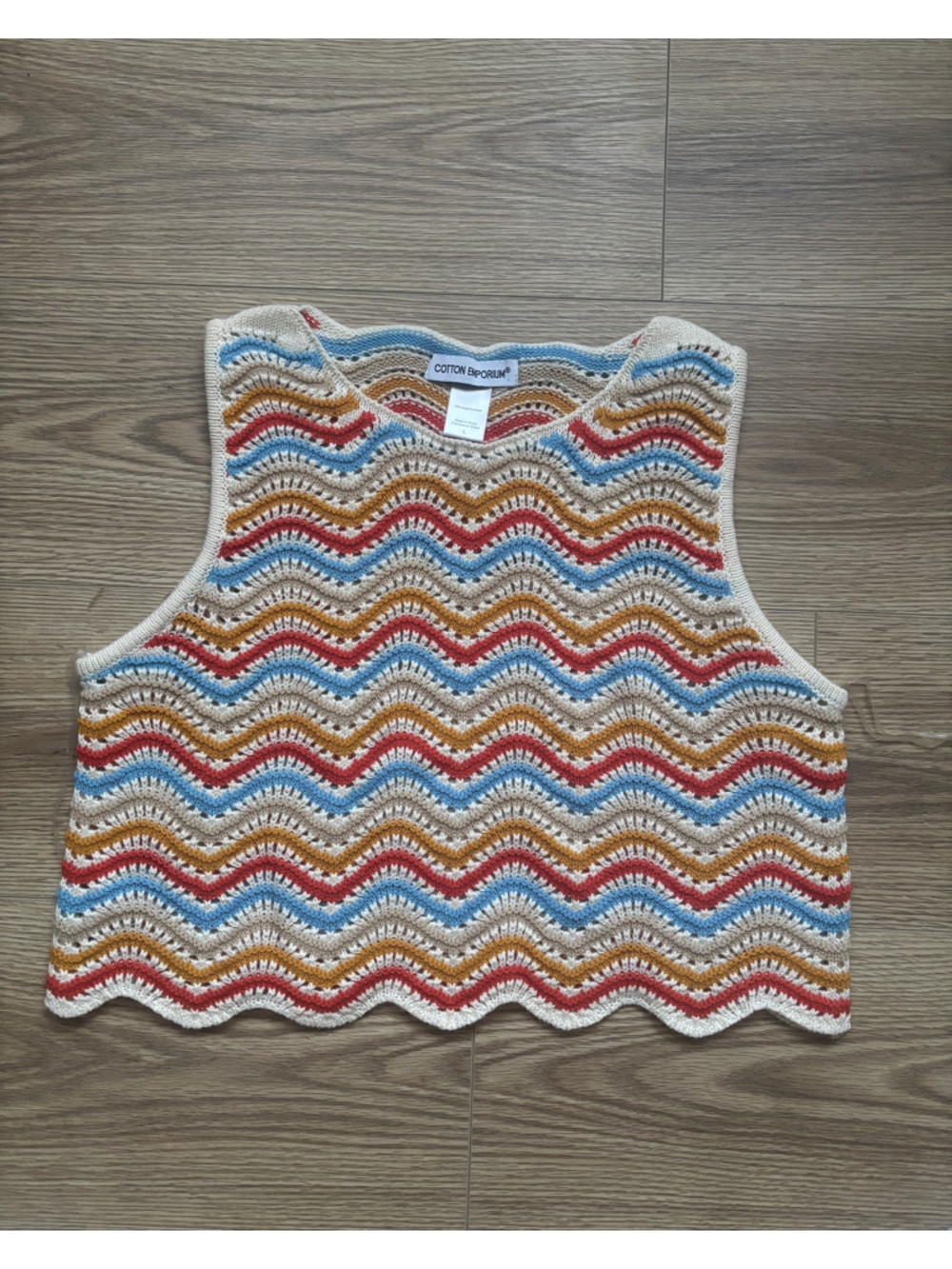 Cotton Emporium Cream, Blue, Red & Mustard Crochet Wave Top
